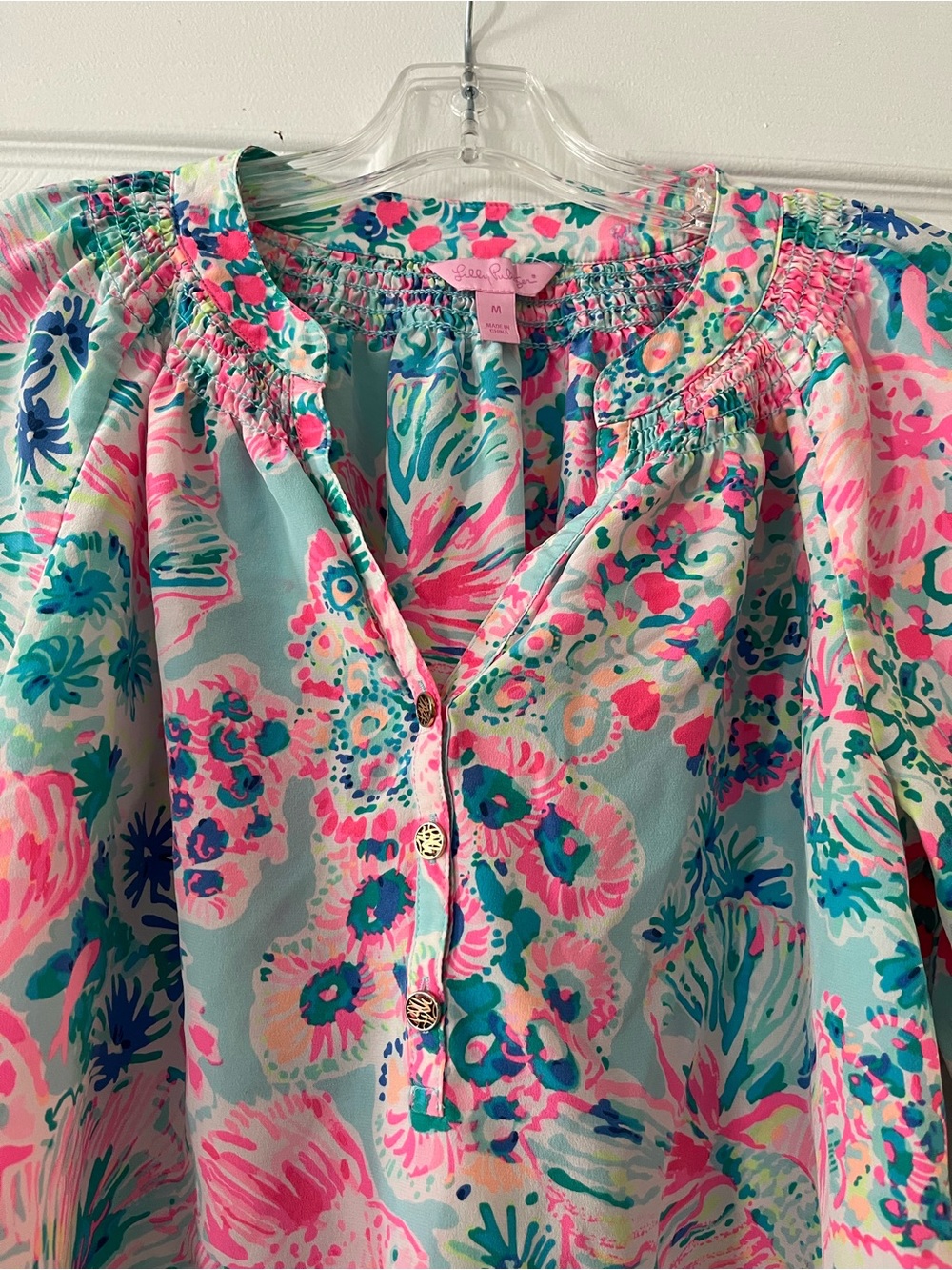 Lilly Pulitzer Pink & Aqua Floral Smocked Neck Blouse - Picture 2 of 11